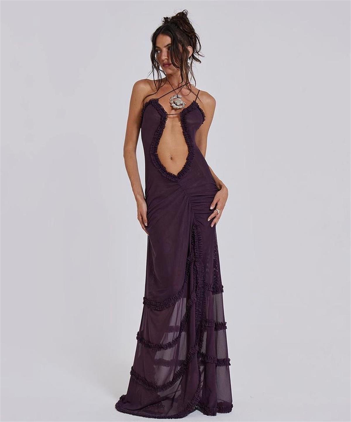 Askılı Elbise Dekolte Detaylı Vişne Rengi