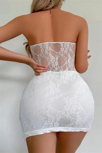 Beyaz Dantel İşlemeli Göğüs Dekolteli Seksi 5081