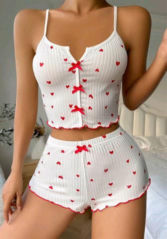 Kadın Beyaz Fiyonk Desenli Seksi Gecelik Takım 5007