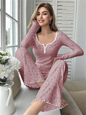 Kadın Çiçek Desenli Yumuşak Pamuklu Uzun Pijama Takımı 5132