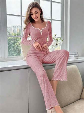 Kadın Çiçek Desenli Yumuşak Pamuklu Uzun Pijama Takımı 5132