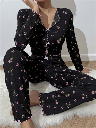 Kadın Çiçek ve Fiyonk Desenli Yumuşak Pamuklu Uzun Pijama Takımı 5134