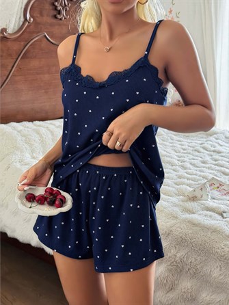 Kadın Dantel Detaylı Lacivert Şortlu Pijama Takım 5186