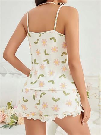 Kadın Ekru Çiçek Baskılı Şortlu Gecelik Pijama Takımı 5047