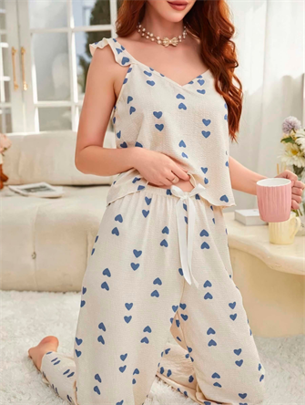 Kadın Ekru Mavi Kalp Desenli Yumuşak Pamuklu Uzun Pijama Takımı 5137
