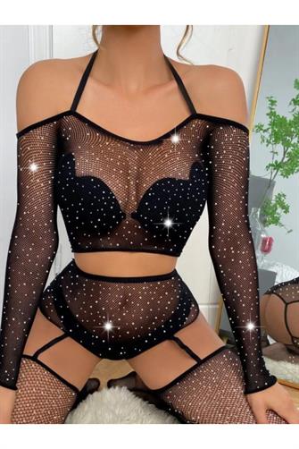Kadın Göğüs Dekolteli Taşlı Jartiyer BodySuit Siyah Vucut Çorabı 1004
