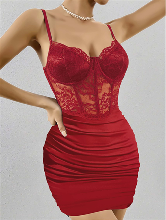 Kadın Kırmızı Transparan Karın ve Dantel Detaylı Gece Kıyafeti 5150