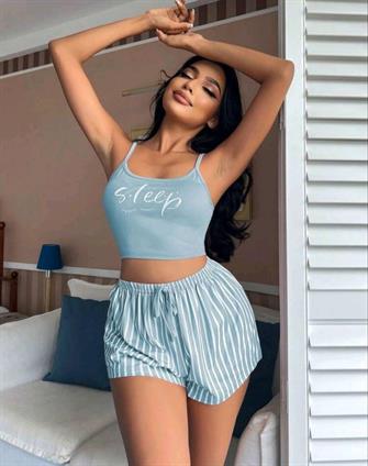 Kadın Mavi Çizgili Desenli Askılı Şortlu Pijama Takım 5001