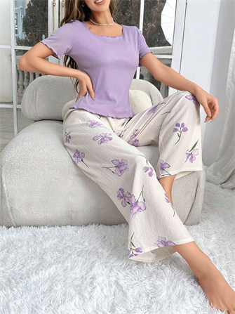 Kadın Mor Çiçek Desenli Yumuşak Pamuklu Uzun Pijama Takımı 5133
