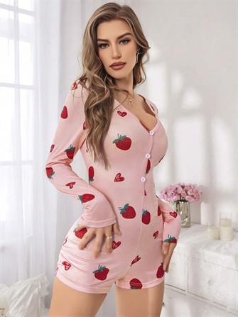 Kadın Pembe Çilek Desenli Pijama Tulumu