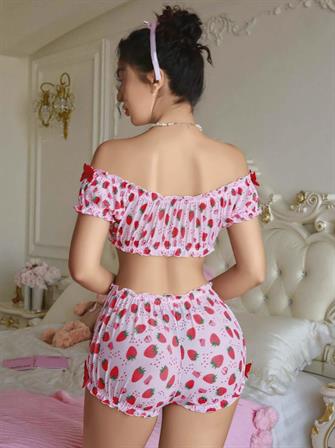 Kadın Pembe Çilek Desenli Fantezi Şort takım 2156
