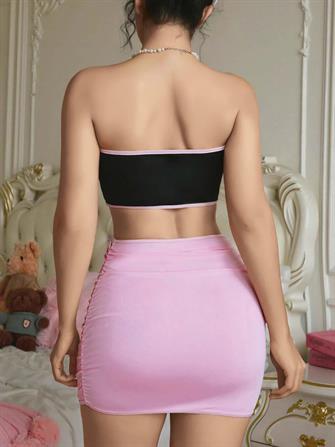 Kadın Pembe Etekli Fiyonk Detaylı Fantezi Elbise 2154