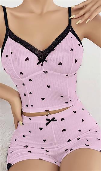 Kadın Pembe Kalp Desenli Askılı Şortlu Pijama Takım 5013