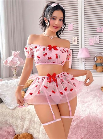 Kadın Pembe Kiraz Desenli ve Fiyonk Detaylı Fantezi Kostüm 2263
