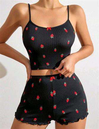 Kadın Siyah Çilek Desenli Seksi Gecelik Takım 5020