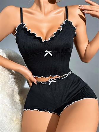Kadın Siyah Fitilli Askılı Şortlu Pijama Takım 5042