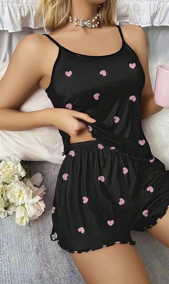 Kadın Siyah Kalp Desenli Askılı Şortlu Gecelik Takım 5018