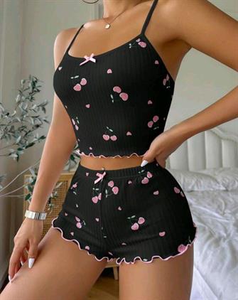 Kadın Siyah Kiraz Desenli Seksi Gecelik Takım 9003