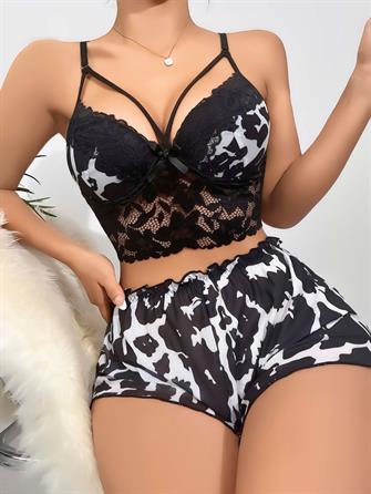 Kadın Siyah Leopar desenli Dantel detaylı Şortlu Gecelik Pijama Takımı 5055