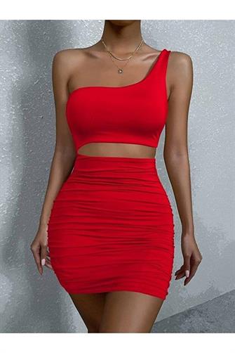 Kadın Tek Omuz Kesim Detaylı Büzgülü Fantezi Elbise 5078