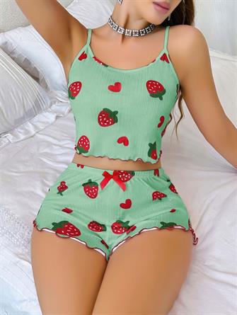 Kadın Yeşil Çilek desenli Şortlu Pijama Takımı 5060
