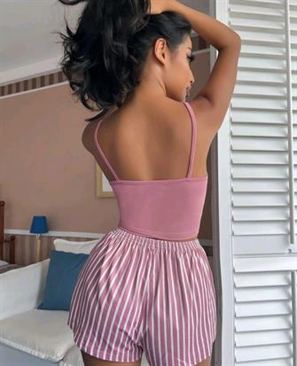 Kadın pembe çizgili desen Askılı Şortlu Pijama Takım 5002
