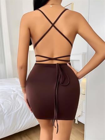 Kahverengi Şık Fantezi Clup Elbisesi 5032