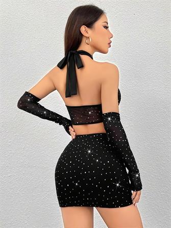 Siyah Seksi Elbise Zincirli Parlak 6668