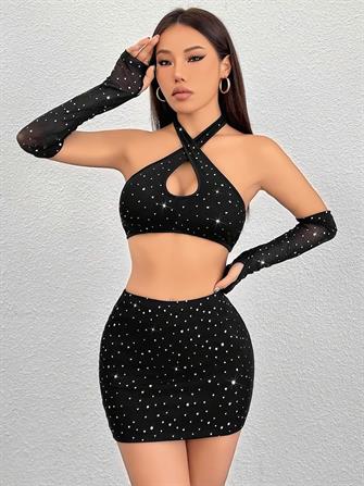 Siyah Seksi Elbise Zincirli Parlak 6668