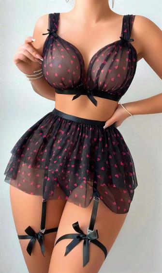 Siyah Fantezi Kostüm Takımı Kırmızı Kalpli 2067