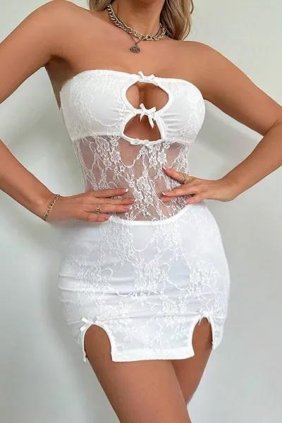 Beyaz Dantel İşlemeli Göğüs Dekolteli Seksi 5081