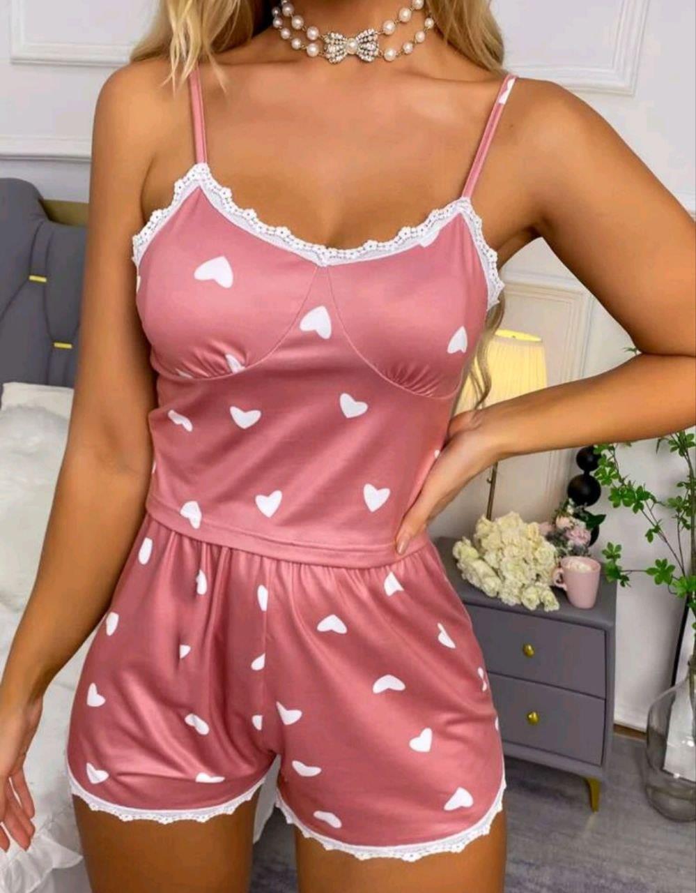 Kadın Pudra Kalp Desenli Seksi Gecelik Takım 6641