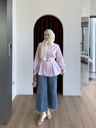 Aksesuarlı Bel Detaylı Gömlek Lila