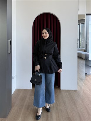 Aksesuarlı Bel Detaylı Gömlek Siyah