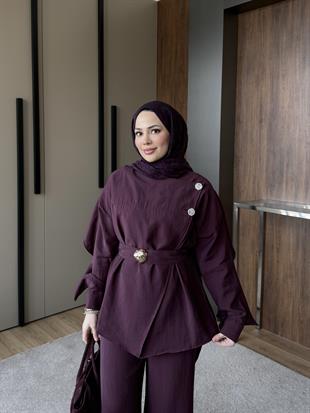 Aksesuarlı Kuşaklı Modal Takım Bordo