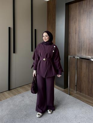 Aksesuarlı Kuşaklı Modal Takım Bordo