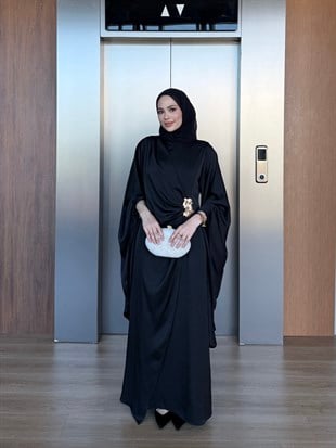 Aksesuarlı Saten Abiye Siyah