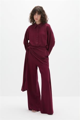 Asimetrik Bağlamalı Pantolon Takım Bordo