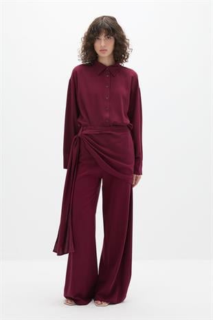 Asimetrik Bağlamalı Pantolon Takım Bordo