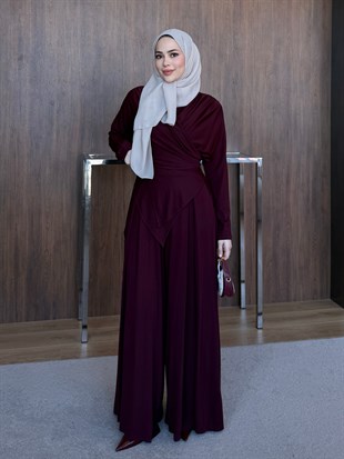 Asimetrik Dökümlü Pantolon Takım Mürdüm