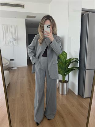 Asimetrik Kesim Blazer Takım Gri