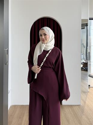Asimetrik Kesim Üçlü Takım Bordo