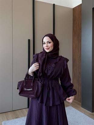 Bel Detaylı Düğmeli Etek Takım Mürdüm
