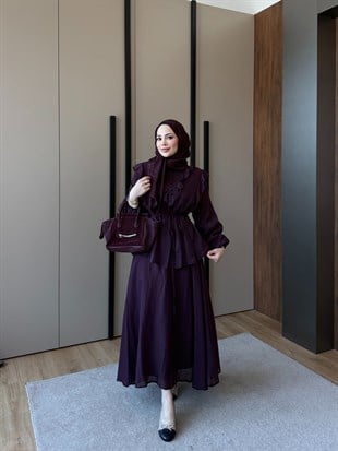 Bel Detaylı Düğmeli Etek Takım Mürdüm