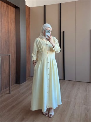 Bel Detaylı Elbise Sarı