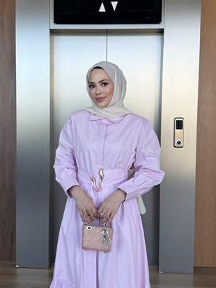 Belden Bağlamalı Poplin Elbise Pembe