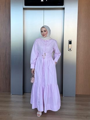 Belden Bağlamalı Poplin Elbise Pembe