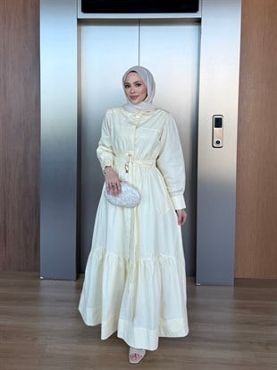 Belden Bağlamalı Poplin Elbise Sarı