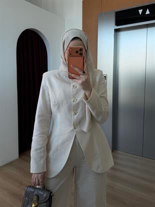 Belden Oturtmalı Keten Takım Krem