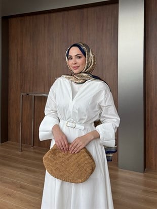 Belden Oturtmalı Poplin Elbise Beyaz